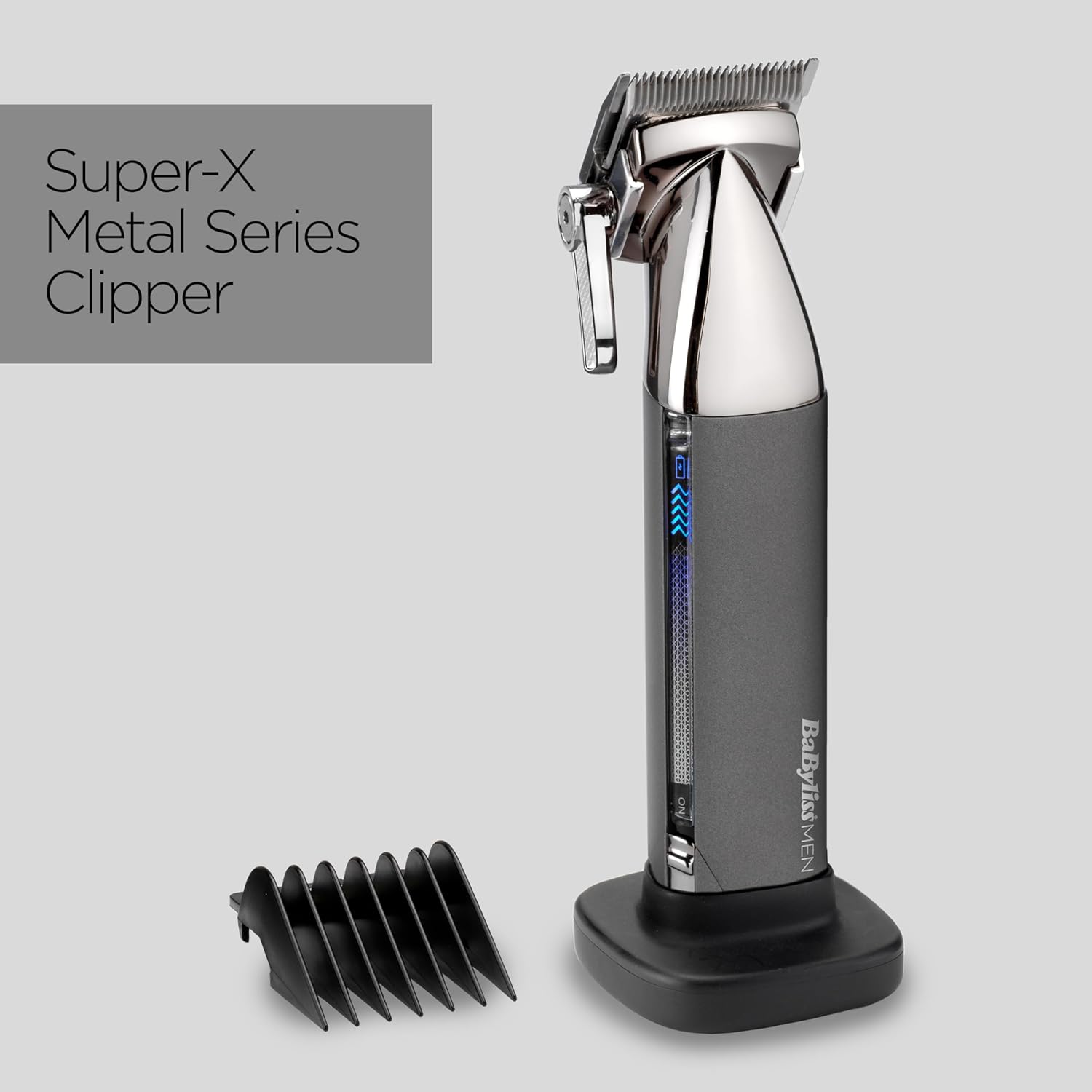 BaByliss Men Super-X Metal Series Trimmer on its charging stand