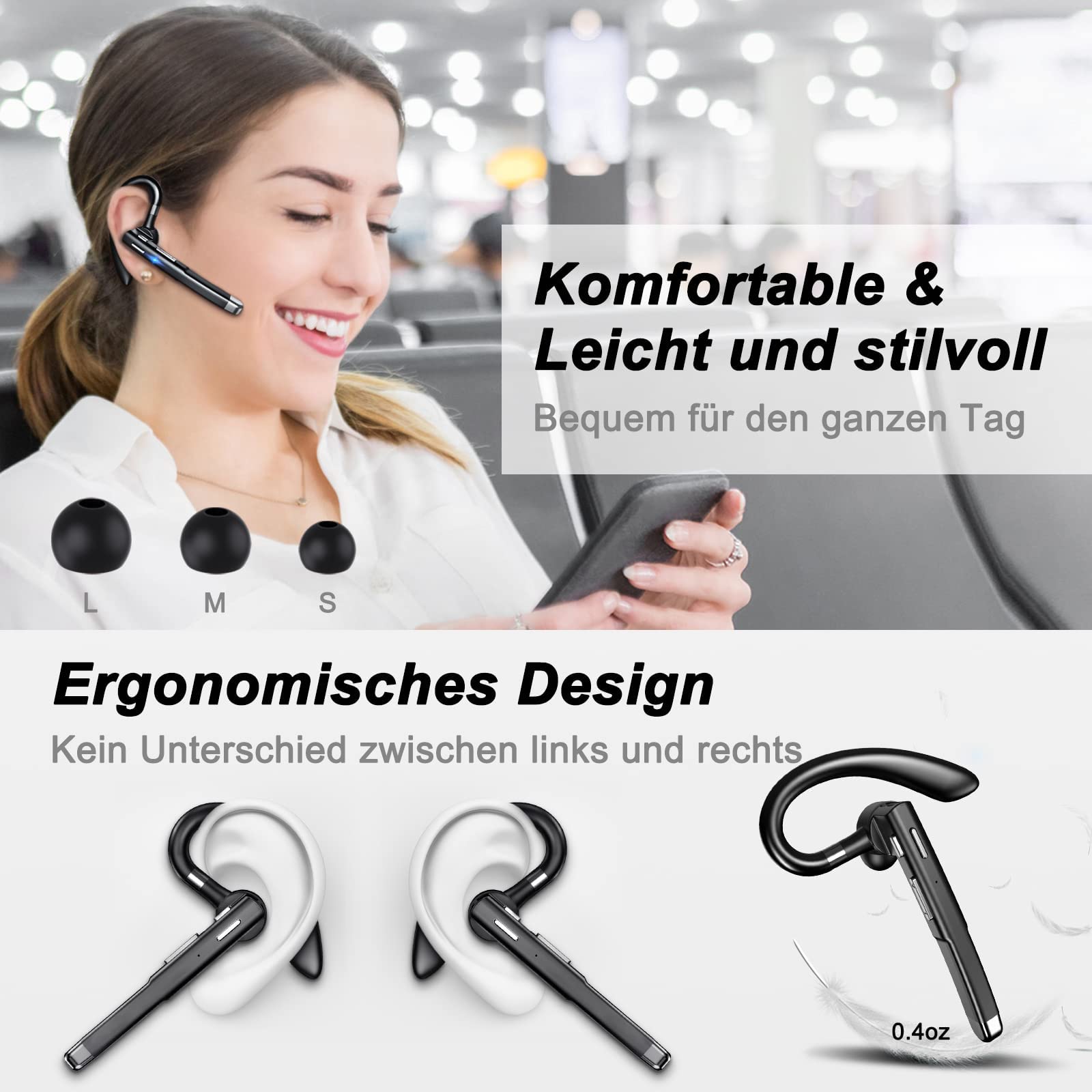 Boytond Auricolare Bluetooth 5.1 Con Cancellazione Del Rumore CVC 8.0 – Doppio Microfono, Ricarica Type-C, Gancio Regolabile Per Chiamate E Musica - 5