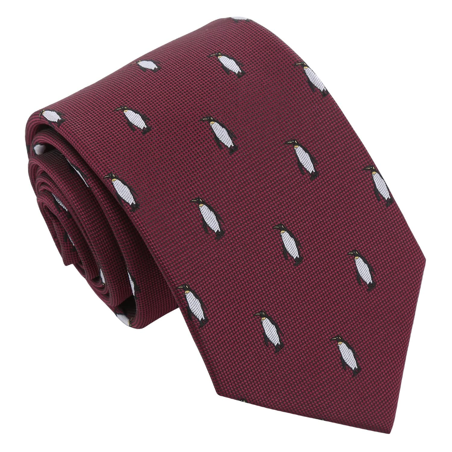 DQT Men's Embroidered Bird Print Novelty Classic Tie - Burgundy Penguin
