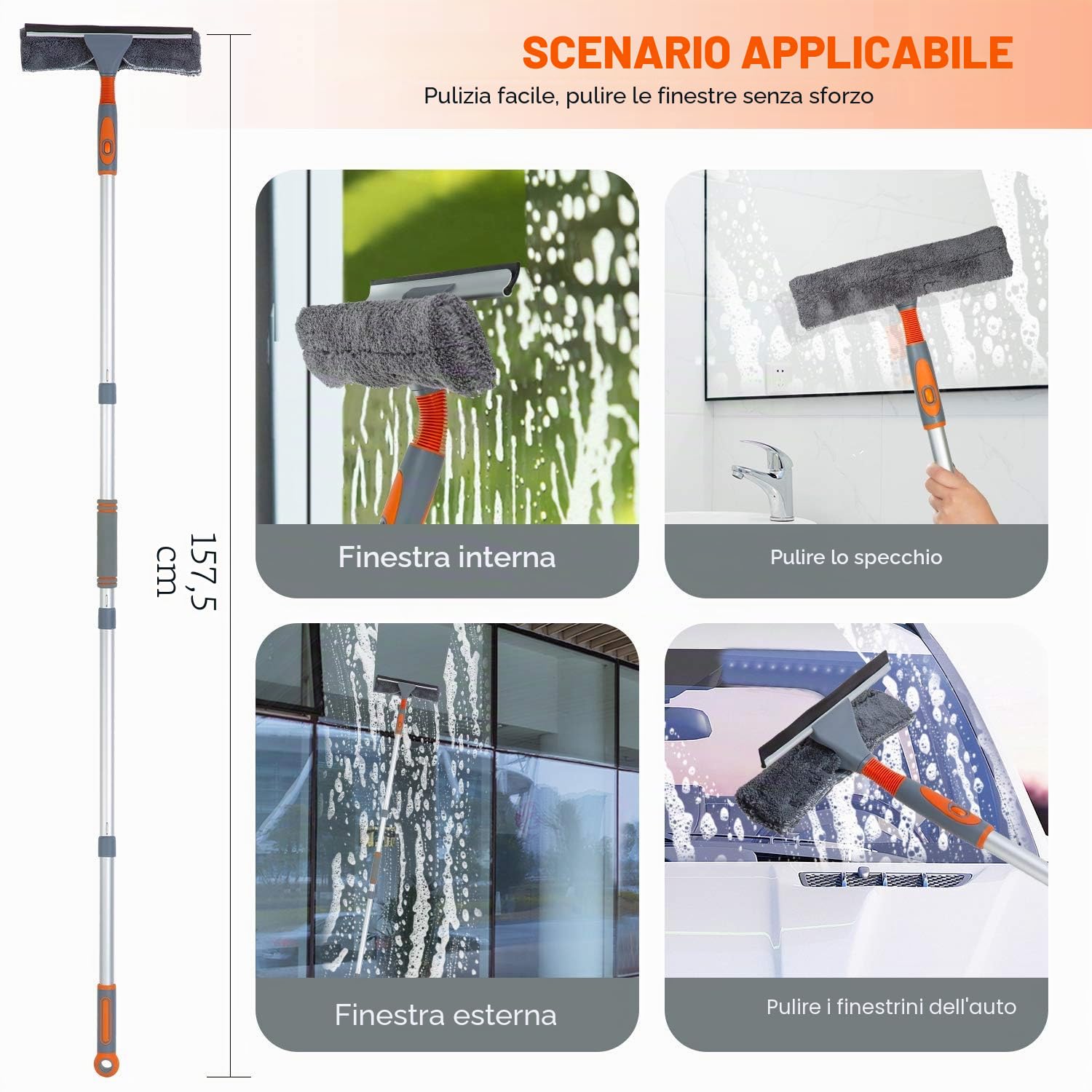 lavavetri professionale 2 in 1, con asta di prolunga, sistema di lavaggio per finestre, con testa pieghevole, strumento per la pulizia di finestre alte, per interni ed esterni