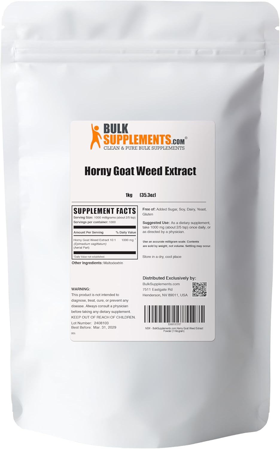 BulkSupplements.com Horny Goat Weed Extract - Epimedium Extract, Horny Goat Weed Herbal Supplements, Horny Goat Weed Powder- Gluten Free, 1000mg per Serving, 1kg 2.2 lbs Pack of 1