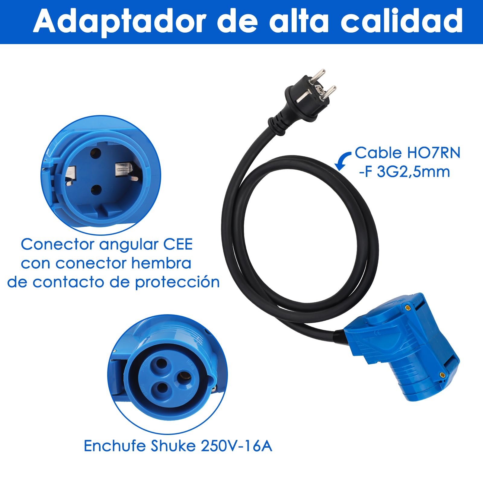 Cable Adaptador CEE acodado con Enchufe a Enchufe de protección de Contacto, Cable de 1,5 m, IP44, 250 V/16 A, 3 Polos, Toma de corriente angular cableable para Camping