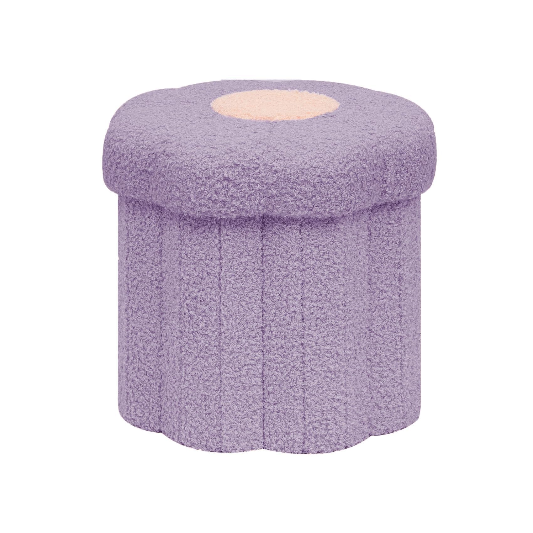 Bonlife Boucle Flower Ottoman Storage Chest, Folding Cute Footstool Small Storage Box for Living Room Kids Room Small Space, Purple,32x32x29cm