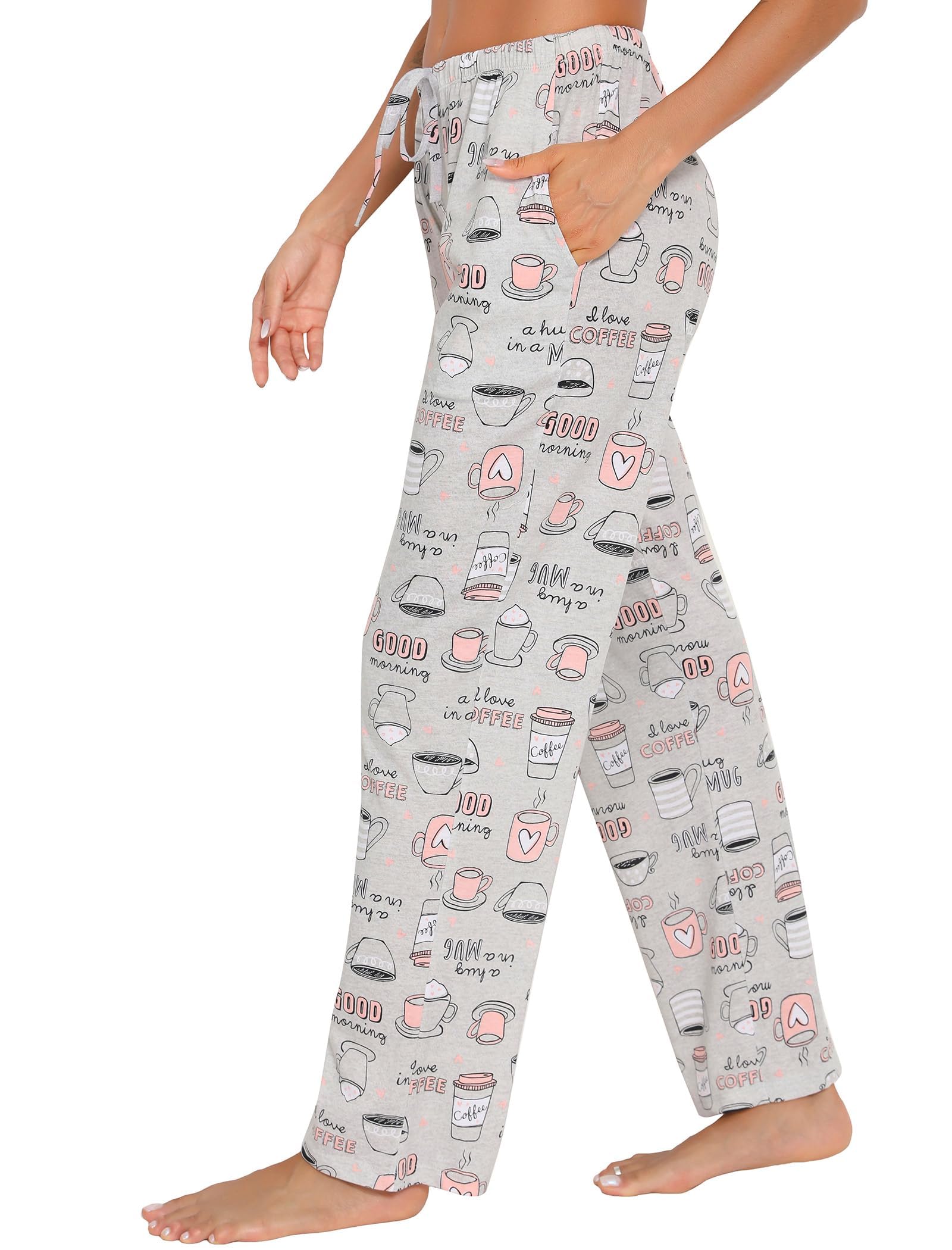 ENJOYNIGHT Pantalones de pijama cómodos de algodón para mujer, con bolsillos y cordón