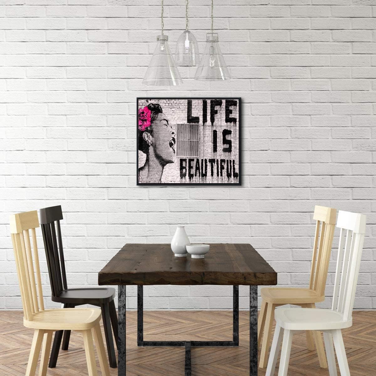 Wieco Art Framed Art Canvas Prints of Banksy Life is Beautiful Abstract Artwork for Wall Decor Black Frame BANKSY-2-5060-BF