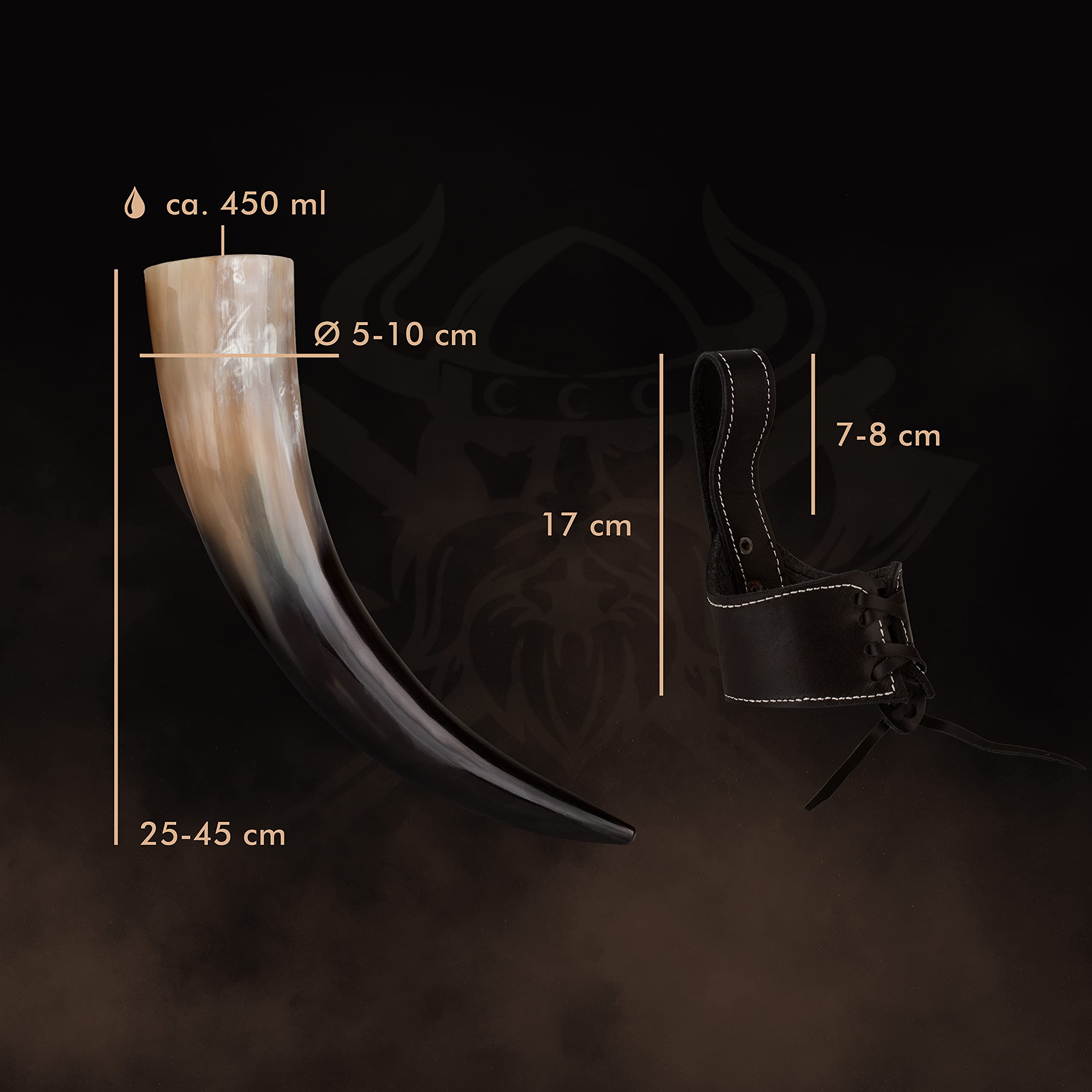 VIKING CRAFT Trinkhorn Viking ca.450ml Authentisches 3-teiliges Hornset für Wikinger mit Honigwein mit Gürtelhalter Methorn Wikinger Deko LARP Mittelalter Bierkrug