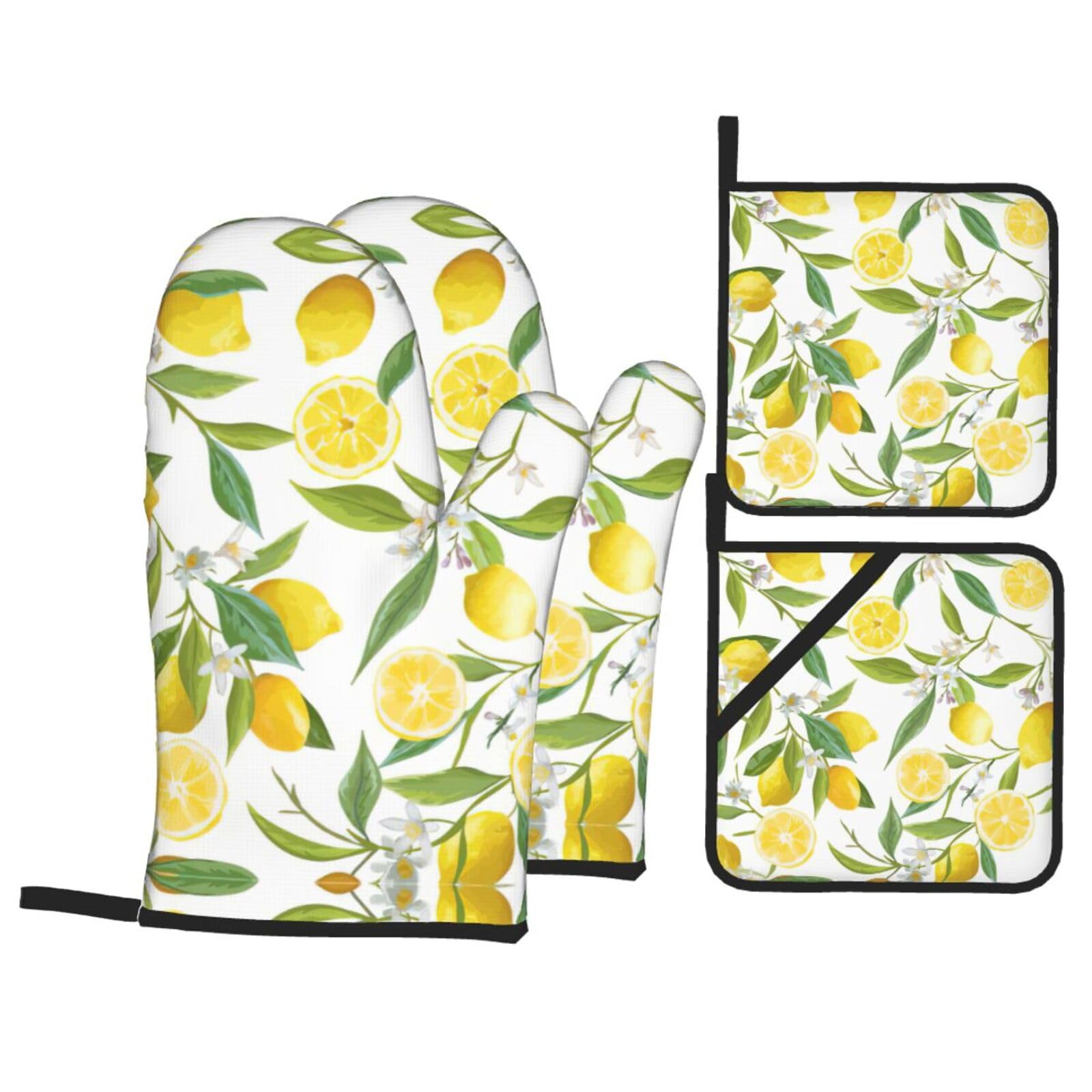 Fresh Tropical Lemons Print Oven Microwaving Waterproof Kitchen Gloves for Baking Grilling Holiday Cooking