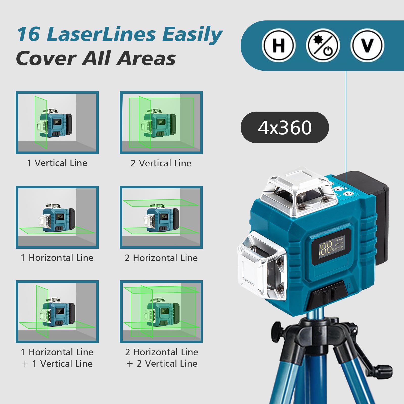 Laser a croce con treppiede, laser a croce 4D 16 linee, colore verde, con 2 batterie da 3000 mAh, livella a bolla 4 x 360°, autolivellante, laser a linea con indicatore LED e acqua IP54