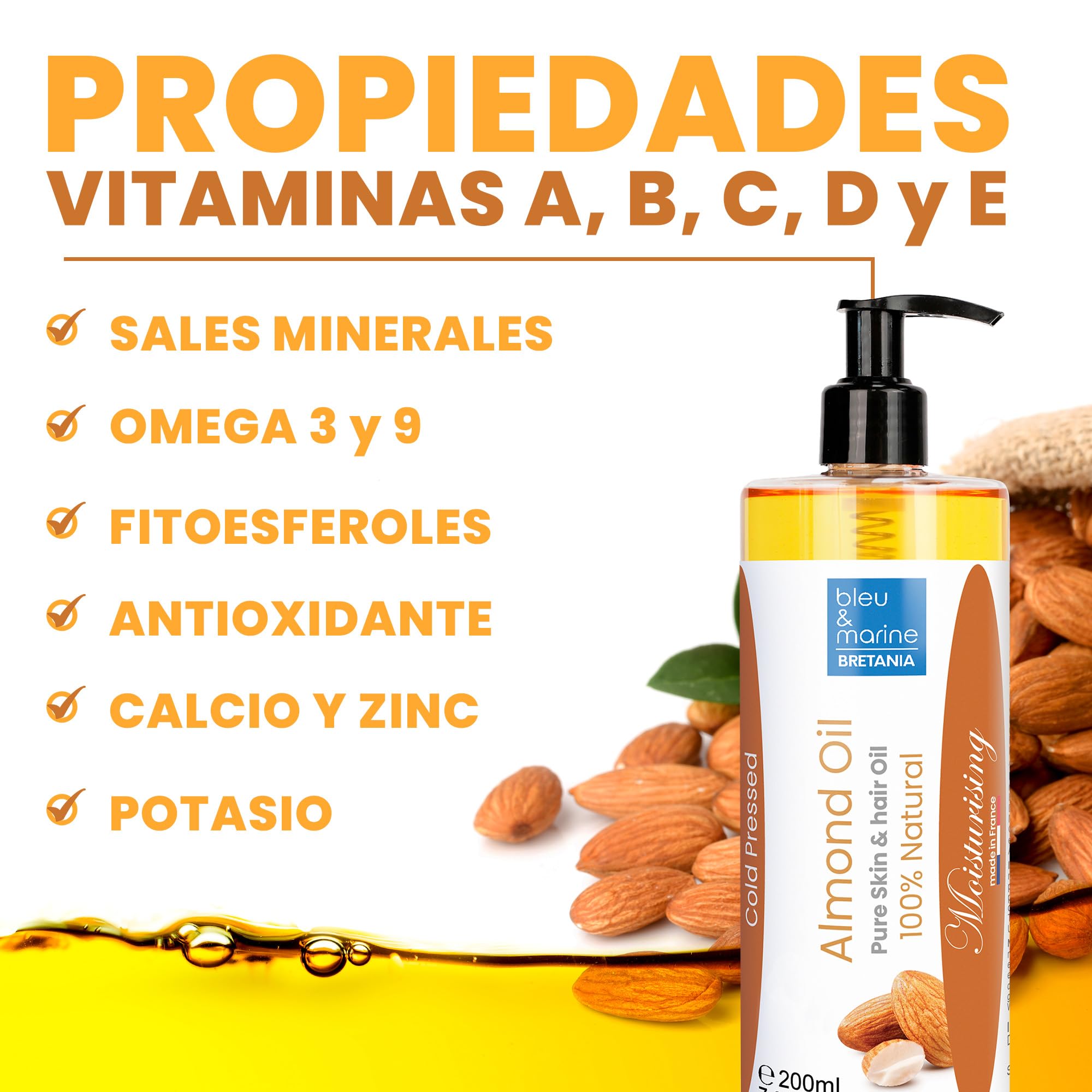 Aceite de Almendras, 100% Puro y Natural, Almendras Dulces, Aceite Corporal Hidratante, Estrias, Embarazo, Hidratante Pelo, Bebe, Antiestrias, Reafirmante Senos, 1000 ml