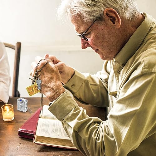 Miniatura 6 de Prasacco 12 llaveros de la Biblia mini Biblia miniatura santa Biblia Jesús llaveros religiosos regalos Dorado plateado