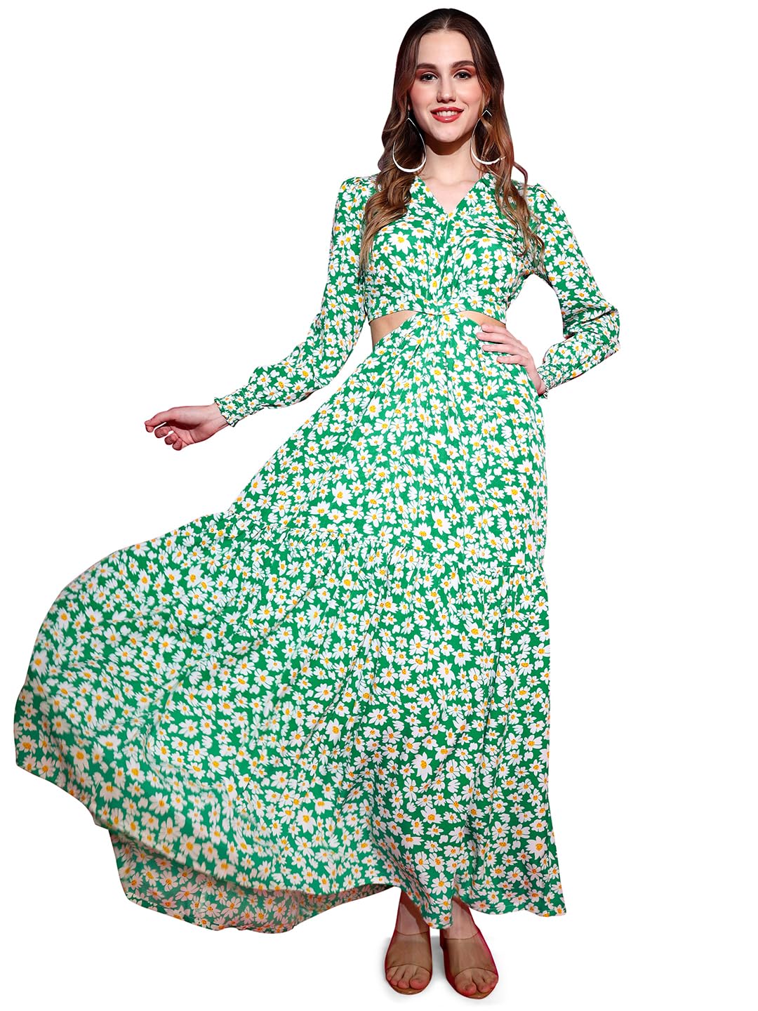 Sheetal Associates Women's Crepe Fit and Flare Printed Full Sleeve V-Neck Casual Dress