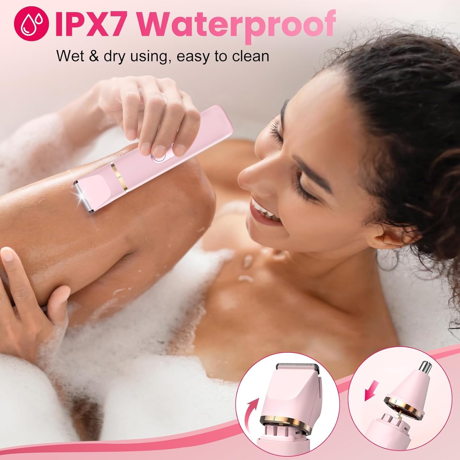 Rasierer Damen 5-in-1 Intimrasierer für Frauen Elektrischer Damenrasierer Gesichtshaarentferner für Frauen Ipx7 Wasserdicht Trimmer Damen für Beine, Arme, Achseln und Bikinizone Rosa