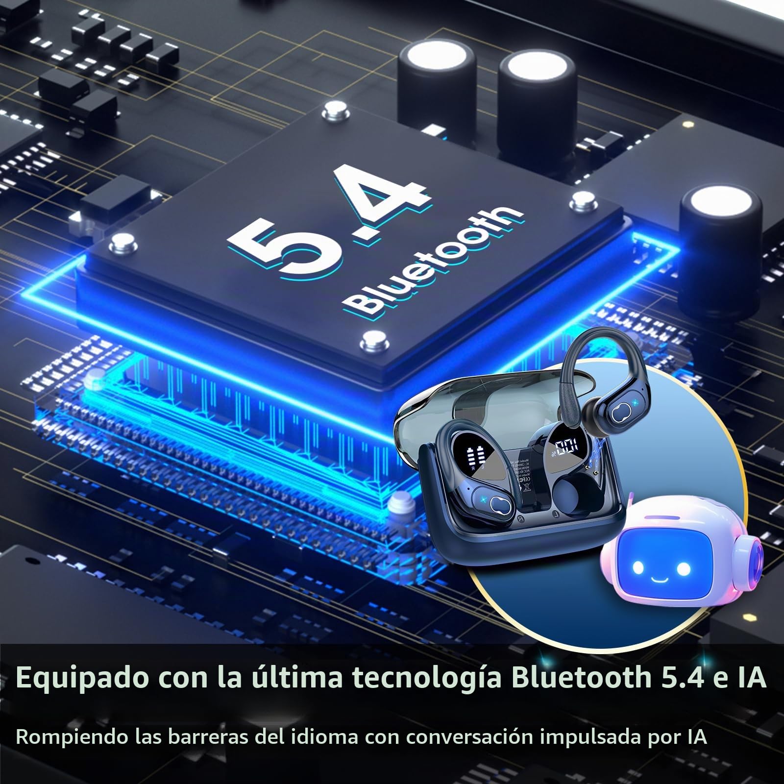AI Auriculares Traductor, 164 Idiomas y 6 Modos de Traducción, Bluetooth 5.4 con ENC y App con para Viajes/Negocios/Aprendizaje/Reunirse Azul