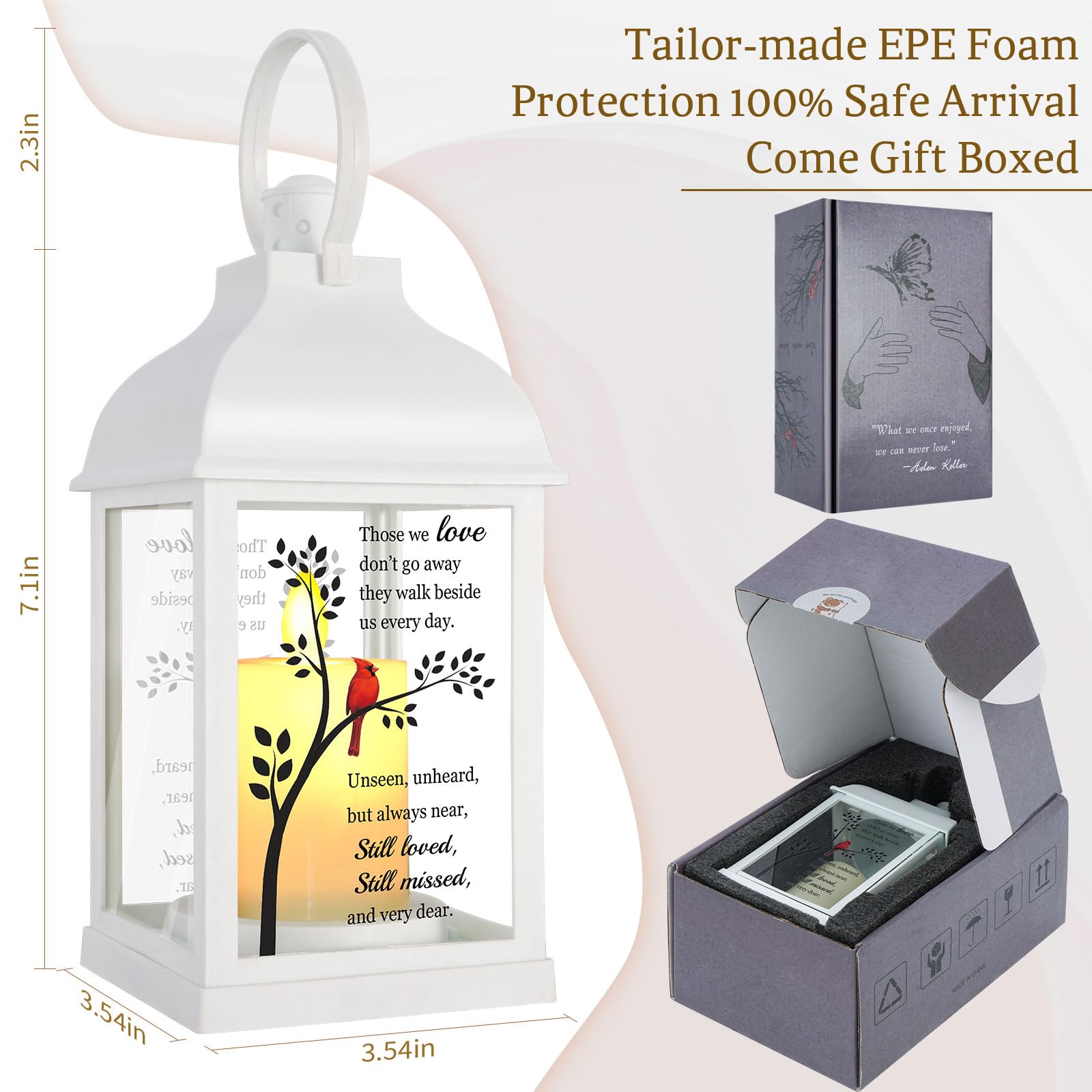 Memorial Lantern with Card - Sympathy Gift for Loss of Mom/Dad/Loved One, Bereavement Keepsake with Flickering Flame, Memory Lamp for Funeral Remembrance or Celebration (White)