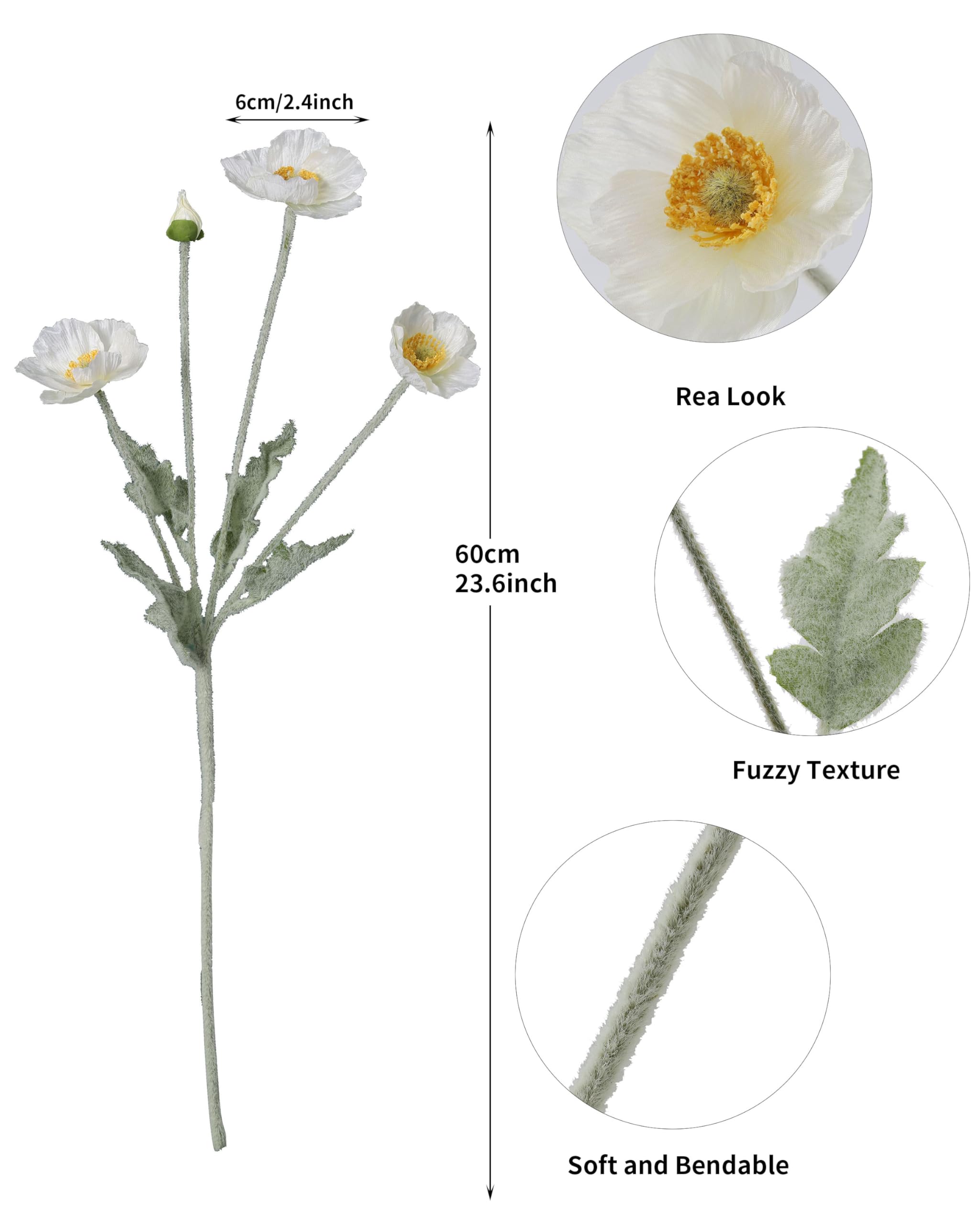 DuHouse 6 Pcs Artificial Poppies Flowers Silk Poppy Flowers for Home Table Centerpieces Decoration Office Wedding(White) - Image 2