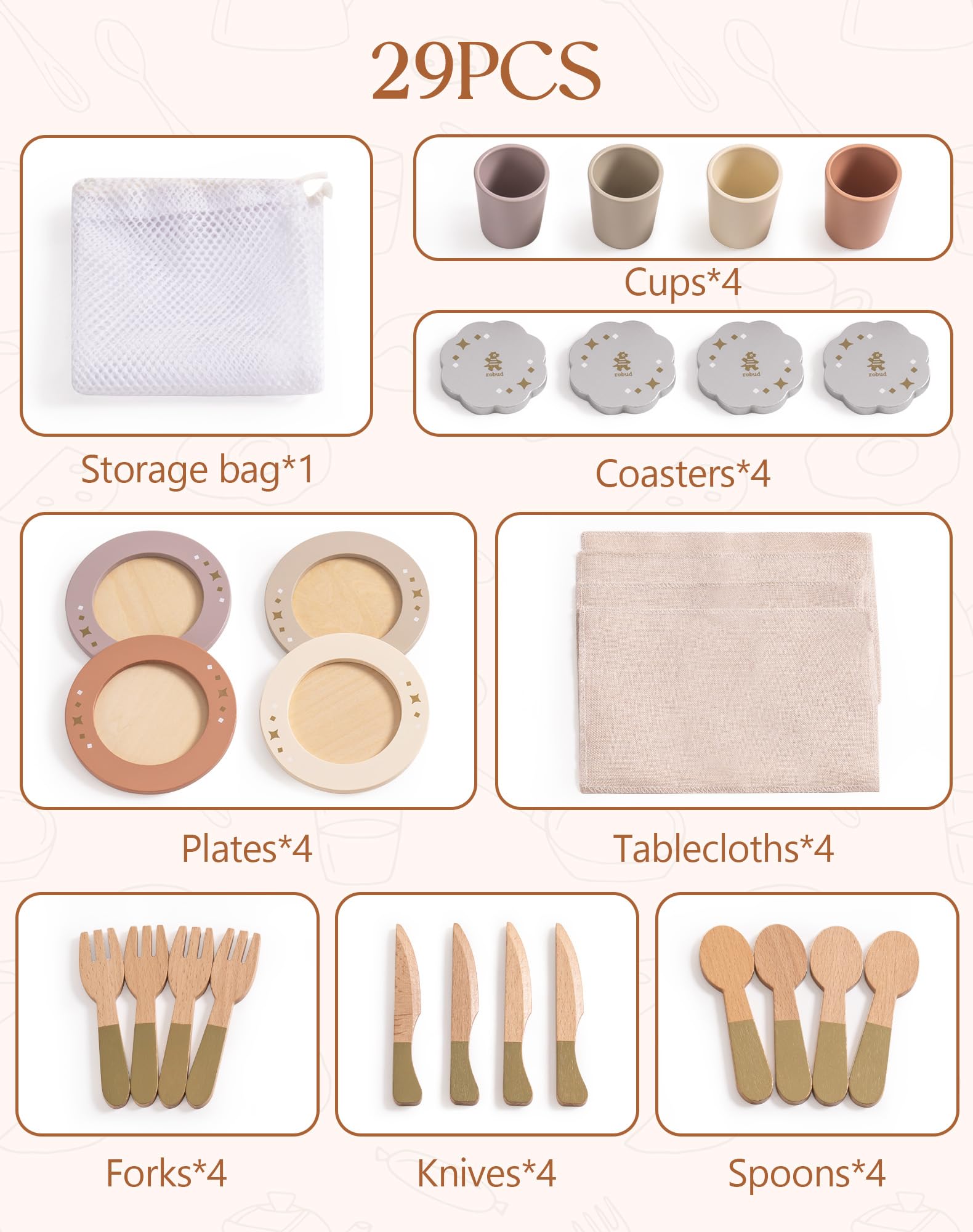 ROBUD Set di piatti da cucina in legno, 29 pezzi, piatti e posate giocattolo per bambini, accessori per la cucina, regali per bambini per ragazze e ragazzi (set da 4)