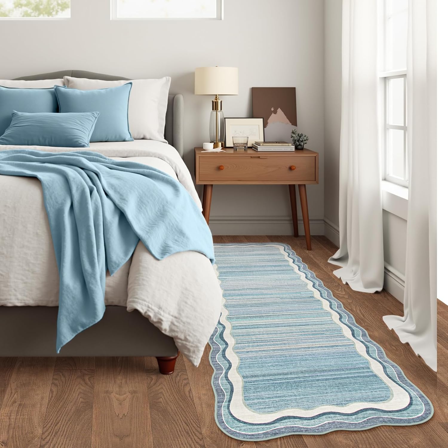 Lahome Estelle Scalloped Blue Washable Runners for Hallways, 2x6 Kitchen Runner Rug Non Sip Bathroom Rug Runner, Modern Abstract Indoor Carpet Runners for Entryway Laundry Room (Blue,2x6)