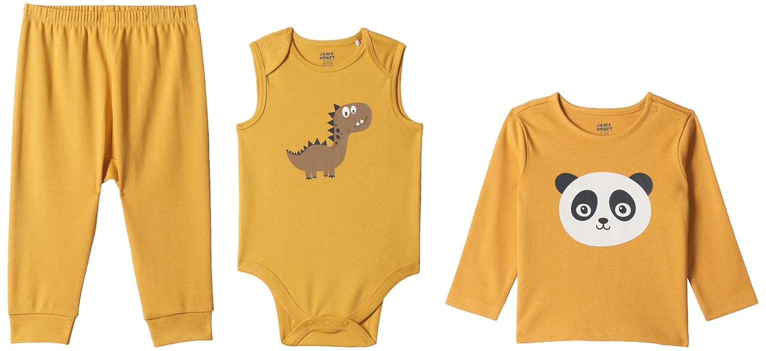 Amazon Brand – Jam & Honey Kids Baby Casual Style Rompers 100% Cotton Pack Of 1, 2 & 3 | New Born Baby Clothes – 0 To 24 Months, Yellow offers donot miss
