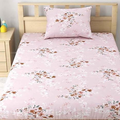 haus & kinder Satin Floral 100% Cotton Single Bedsheet with 1 Pillow Cover, 186 TC, Size 88 inch by 58 inch (Pink)