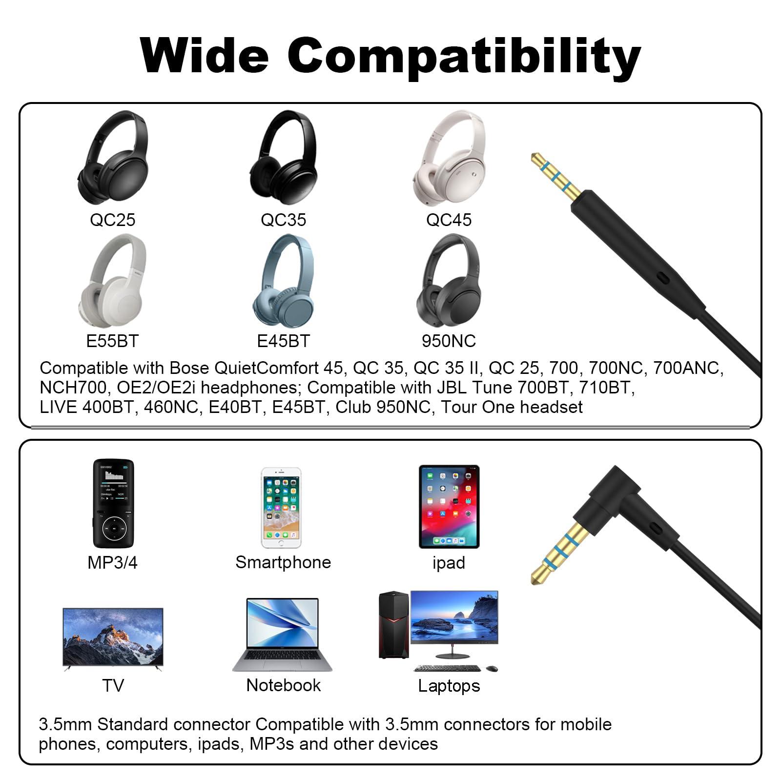 Replacement Audio Cable with Inline Remote & Microphone Headphone Compatible with Bose QuietComfort QC45 QC35II QC35 QC25 On-Ear2 OE2 OE2i NC700 Headphones 3.5mm to 2.5mm Aux Cord (5FT/1.5M)