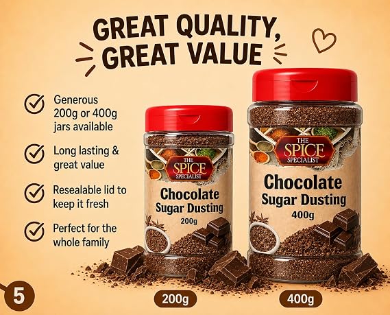 Chocolate Hot Drinks Sugar Dusting (200 g) Topper Sprinkles Flavouring - Also for popcorn, cupcake duster, icing, baking