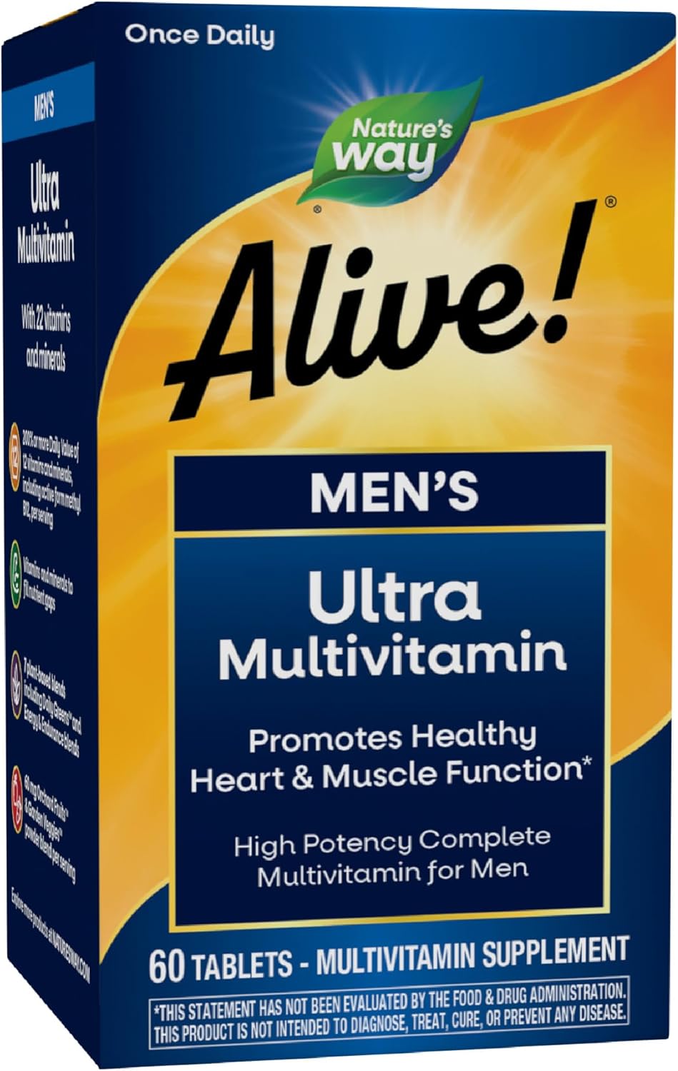 Nature’s Way Alive! Men’s Daily Ultra Multivitamin, High Potency Formula, Promotes Heart & Muscle Function*, with Methylated Vitamin B12, Gluten Free, 60 Tablets