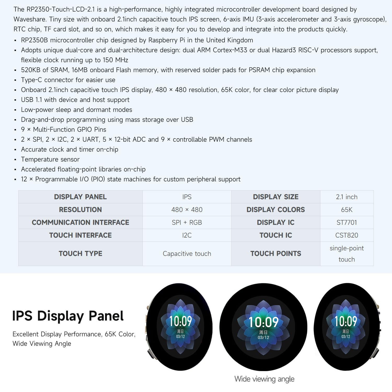 KLAYERS RP2350-Touch-LCD-2.1, płyta mikrokontrolera All-in-One, wersja z płaskim panelem dotykowym, wyświetlacz panelowy IPS 480 × 480, kolor 65K