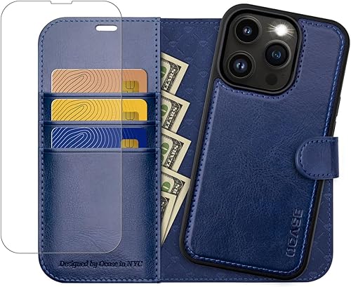 OCASE Funda tipo cartera compatible con iPhone 14 Pro Max con tarjetero, magnética desmontable 2 en 1, de piel sintética, con bloqueo RFID, función