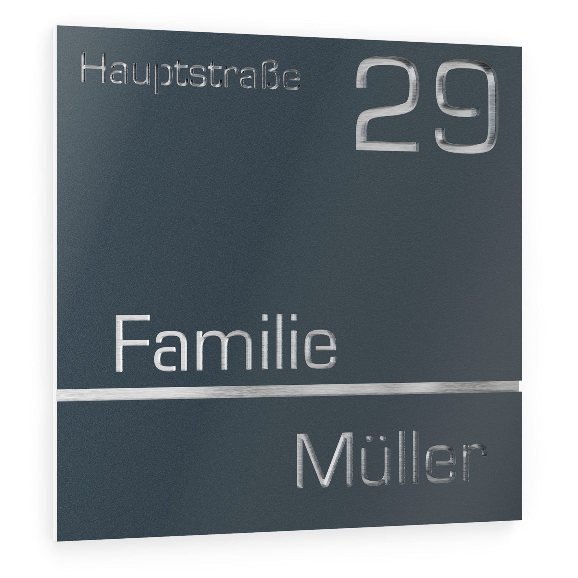 Hausnummer aus V2A Edelstahl 380x380mm - Anthrazit RAL 7016 - Wetterfest Rostfrei Individuell anpassbar Straße Nummer Familienname - Made in Germany