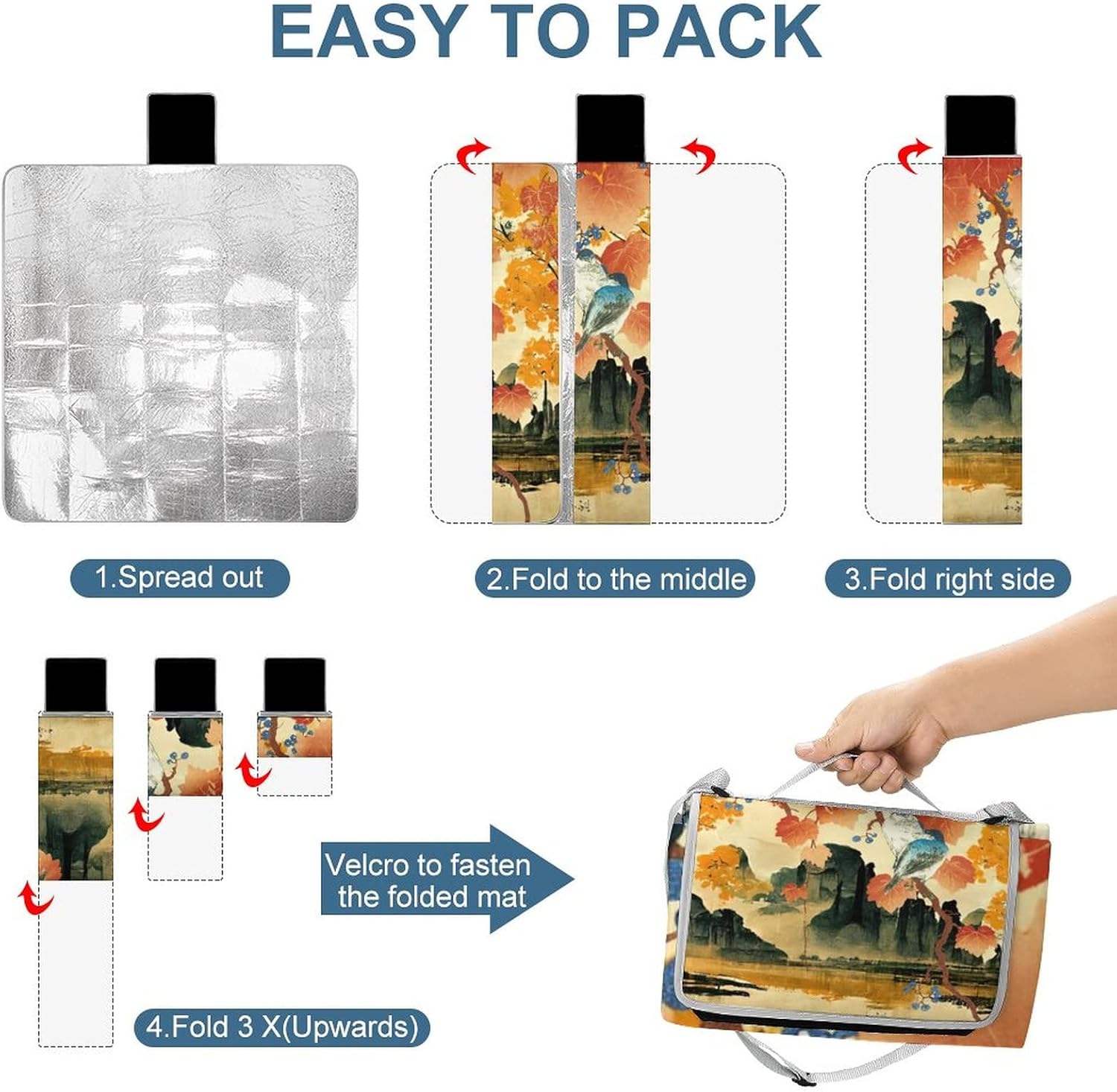 Rustic Japanese Bird PortableAnd Extra Large Picnic & Outdoor Blanket Retro Ink Japanese Landscape Beautiful Birds for The Beach Camping on Grass Waterproof Sandproof 58.3x58.3 Inch