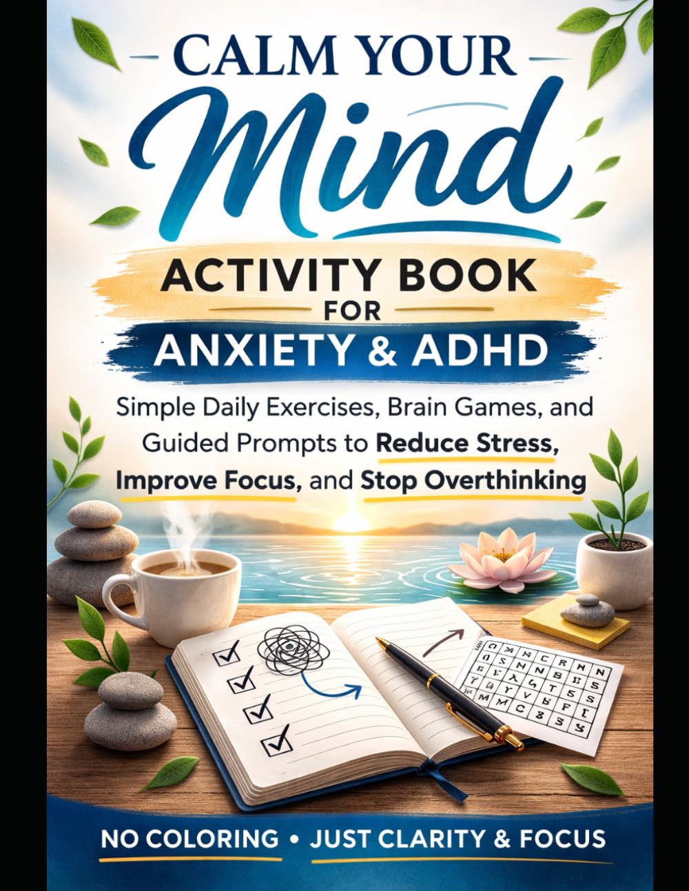 Calm Your Mind: Activity Book for Anxiety and ADHD: Simple Daily Exercises, Brain Games, and Guided Prompts to Reduce Stress, Improve Focus, and Stop Overthinking (No Coloring, Just Clarity)