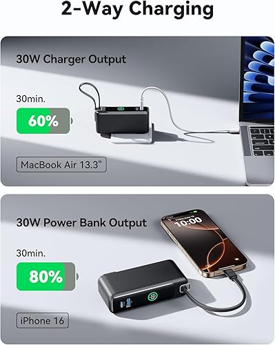 Miniatura 4 de INIU Cargador portátil 3 en 1, pequeño banco de energía de carga rápida de 10000 mAh 30 W con cable USB C integrado y enchufe de CA plegable,