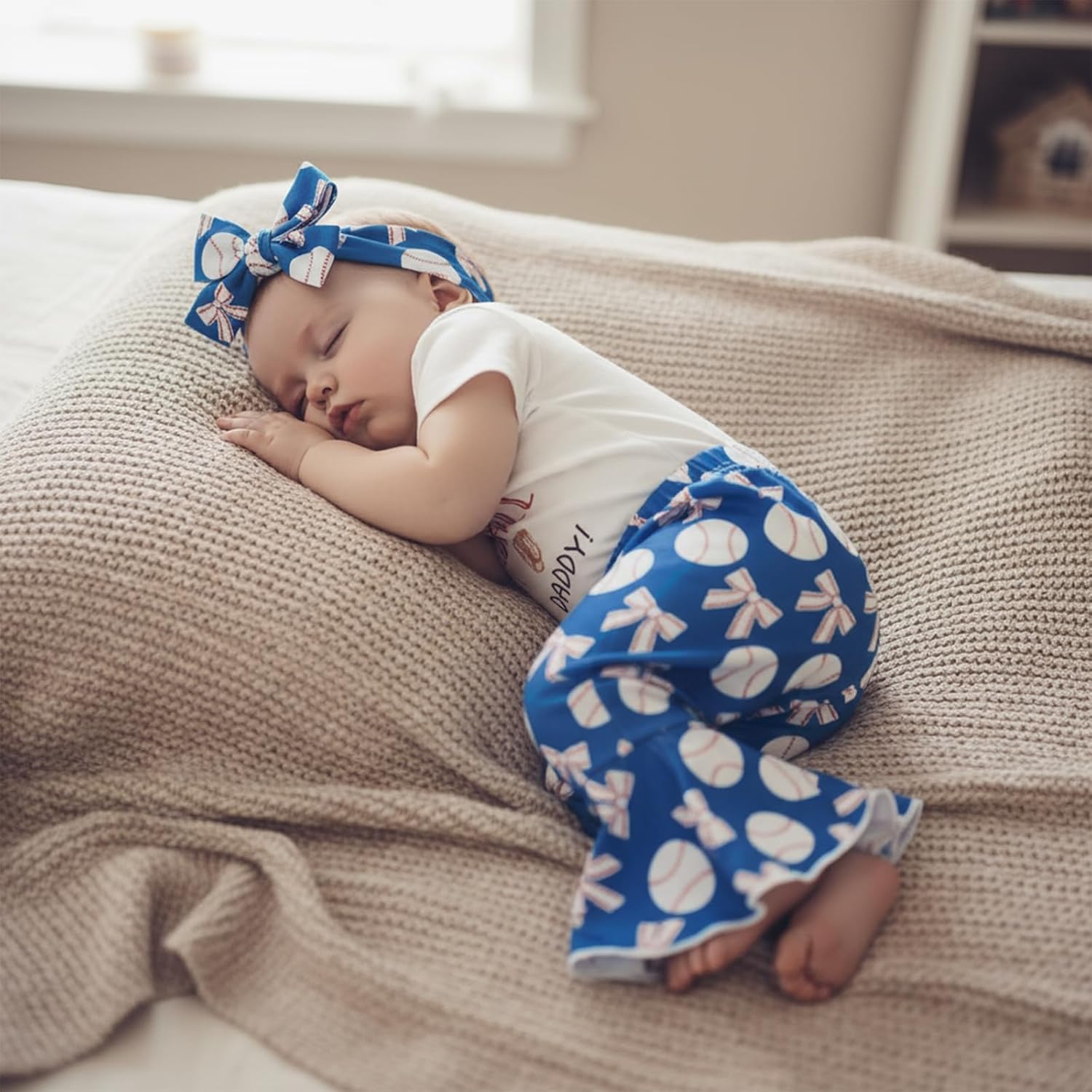 Newborn Baby Girl Baseball Outfit Short Sleeve Romper Bell Bottom Flare Pants Set Headband 3Pcs Infant Summer Clothes - Image 3