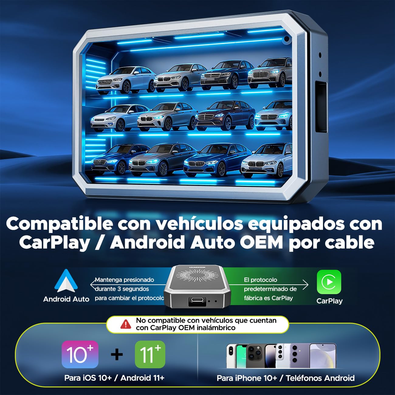 LAMTTO Adaptador CarPlay Inalámbrico AI Box con Google Play Store, Descarga de Apps y Gemini AI, CarPlay y Android Auto Inalámbricos, Netflix YouTube HDMI AirPlay Reproducción USB WiFi Doble Banda OTA