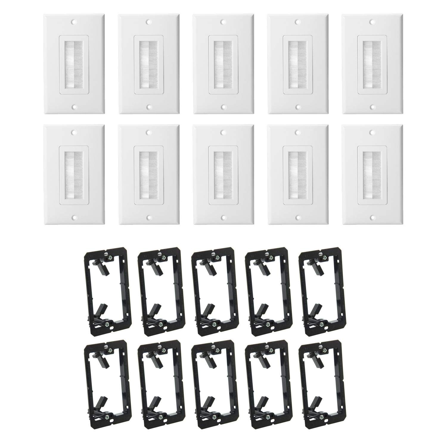 10 Pack Single Brush Wall Plate with Low Voltage Mounting Bracket,Cable Pass Through Insert for Wires Wall Socket HDTV Speaker HDMI Network Phone Home Theater (White) 10 PACK 1 Gang