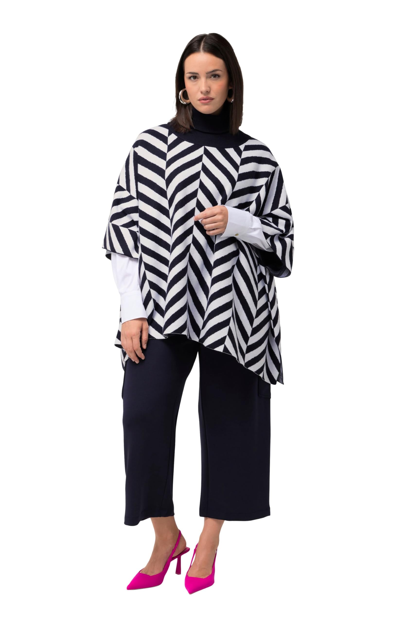 Ulla Popken Damen große Größen Übergrößen Plus Size Strick-Cape, Jacquard, Rollkragen, Poncho 824927