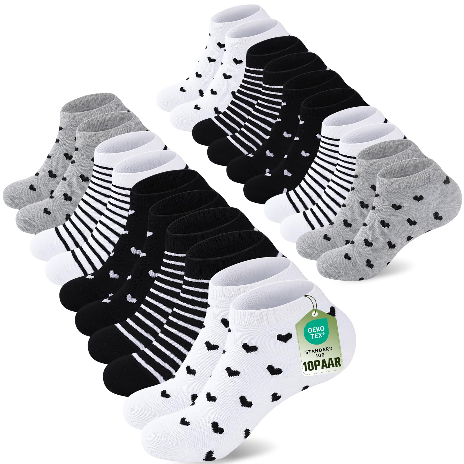 SukModen 10/20 Par Skarpety Damskie do Sneakersów 35-38 39-42, Oddychające Bawełniane Krótkie Skarpety Sportowe, Kolorowych Skarpet z Kropkami, Paskami i Sercami
