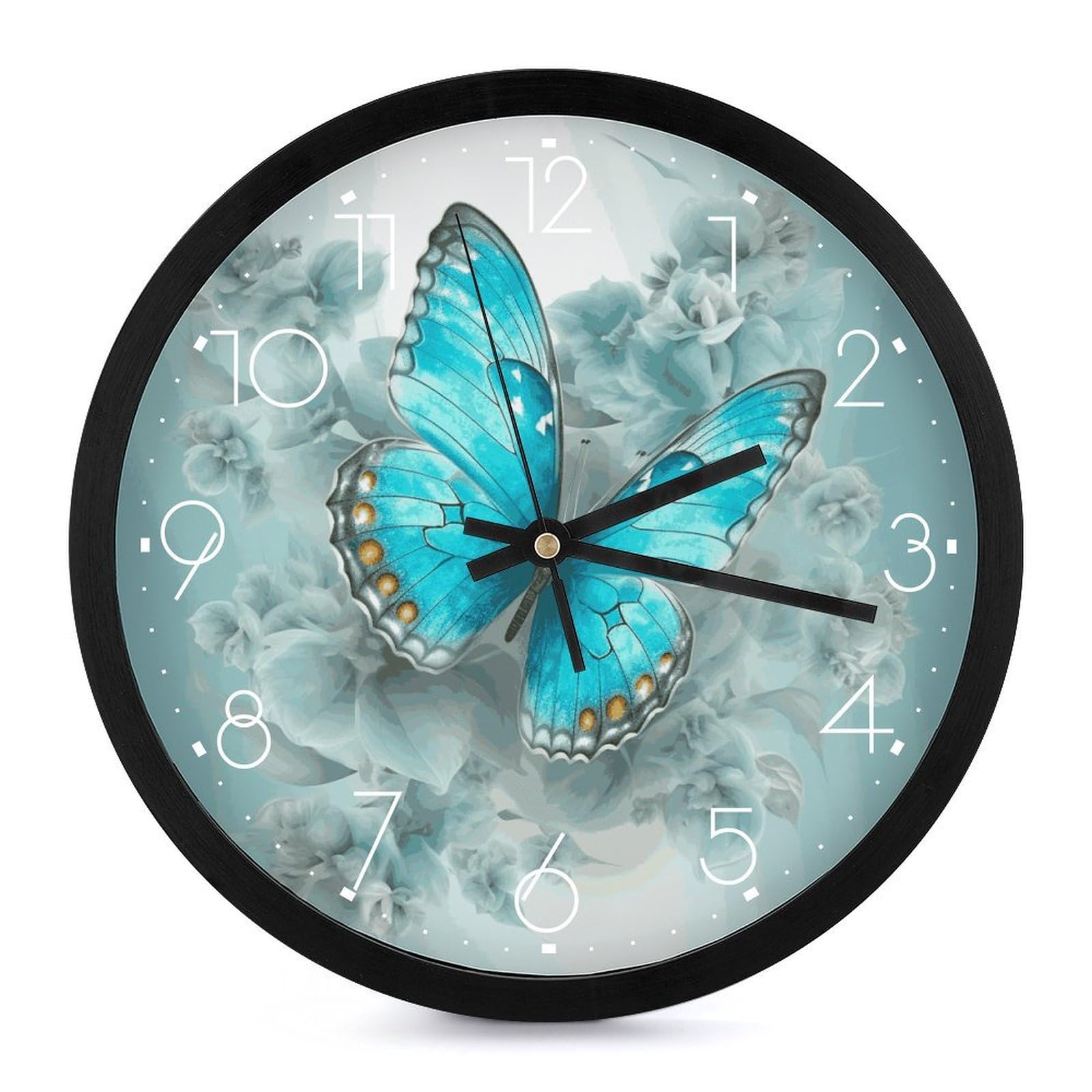 Horloge murale papillon bleu moderne et ronde pour décoration salon