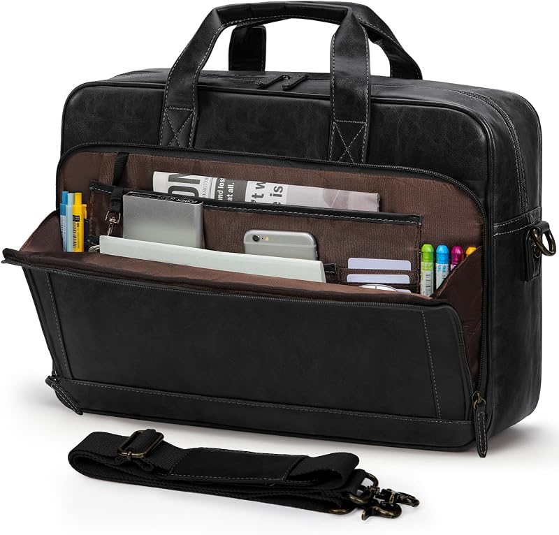 RAINSMORE Bolso para portátil para hombre Maletín de cuero de 16 pulgadas Bolso mensajero vintage | Bolso bandolera grande impermeable para computadora de oficina, bolso retro universitario para trabajo, negocios, viajes, negro