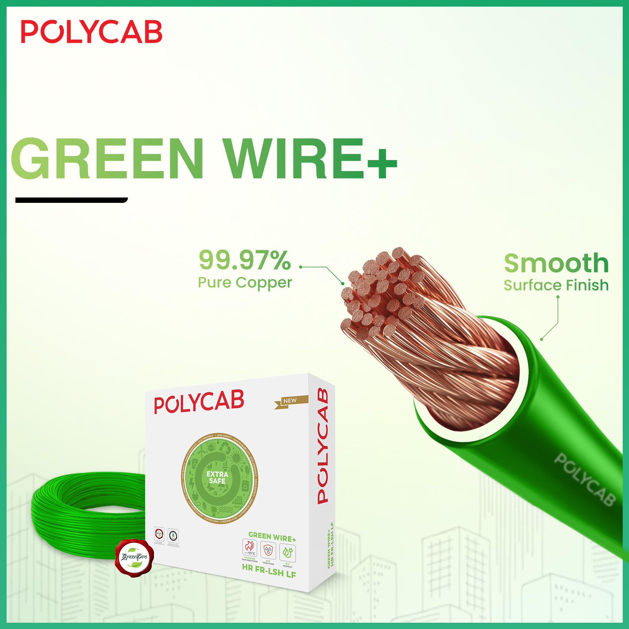 Polycab Green Wire+ 90M coil |1 SQ MM|Heat resistant upto 900 C | Low smoke | Low toxic fumes | GreenPro certified | 99.97% high purity copper | Rodent protection | Eco friendly (Green) — Amazon image 2
