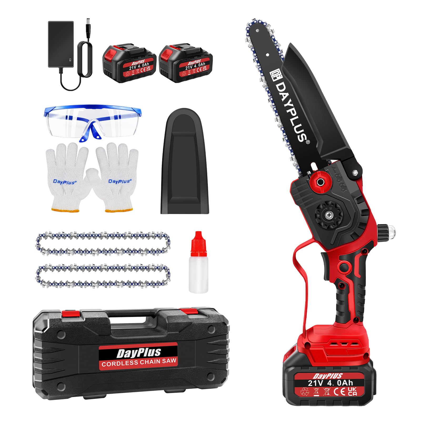 Mini motosierra eléctrica inalámbrica de 8 pulgadas con 2 baterías, 2 cadenas y maletín de transporte, motosierra portátil con batería para jardín, patio, ramas de árboles y copa de madera, rojo