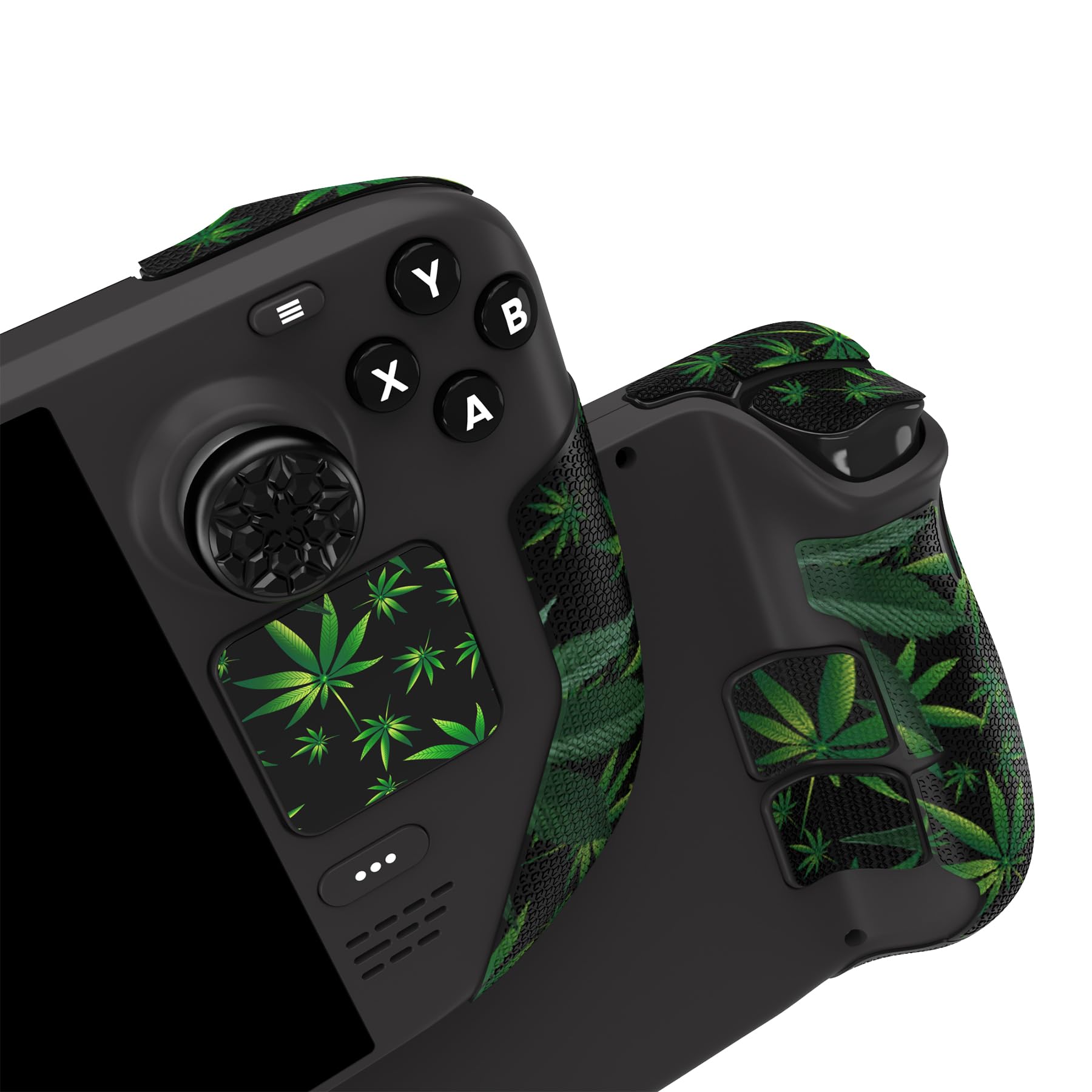 PlayVital Pegatina Dividido Grip para Steam Deck LCD & OLED Calcomanías Adhesivo de Trackpads Gatillos Botones Traseros Stickers con Tapas para el Pulgar Textura de Diamante Hexagonal-Hierbas Verdes