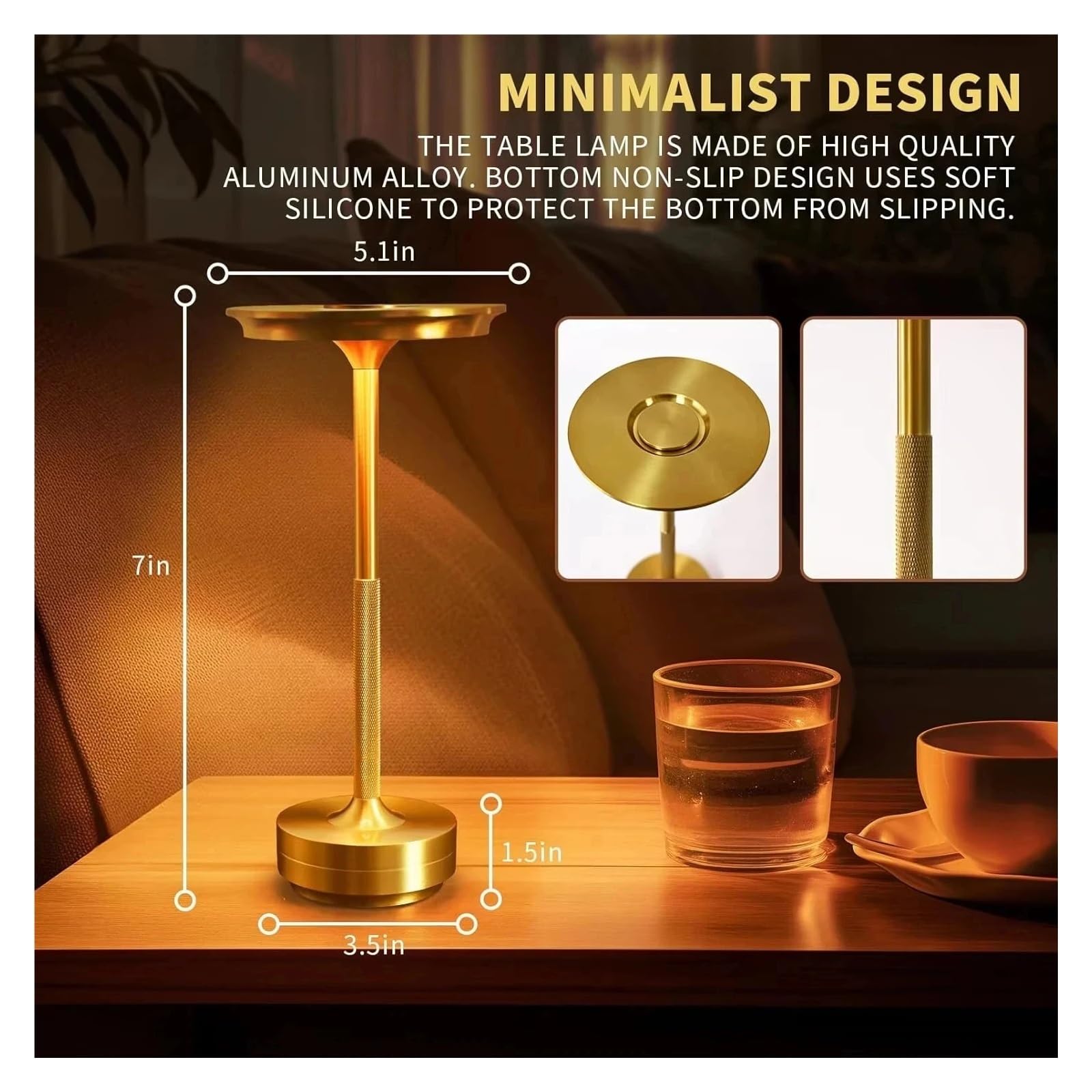 Lámpara LED decorativa simple de aleación de aluminio | Luz nocturna, atmósfera infinitamente regulable, escritorio táctil recargable(Gold)
