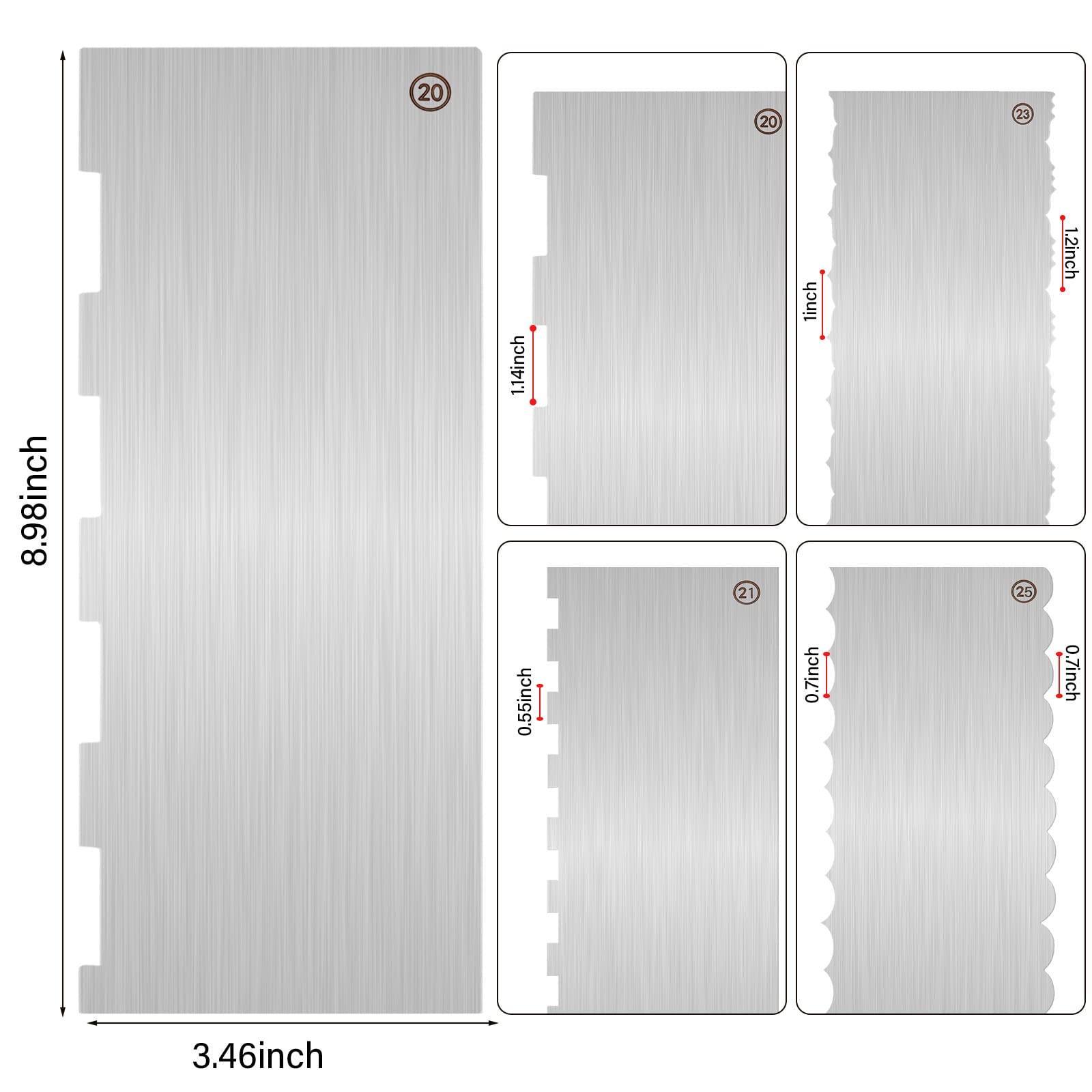 4 raspadores de pasteles de acero inoxidable de 9 pulgadas, herramientas de decoración de pasteles, borde lateral, ondulado, peine estampado de doble cara, peine de metal, tallado de pasteles, crema