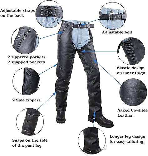 Miniatura 3 de Chaps de cuero para motocicleta para hombre, pantalones de cuero suave con múltiples bolsillos divididos