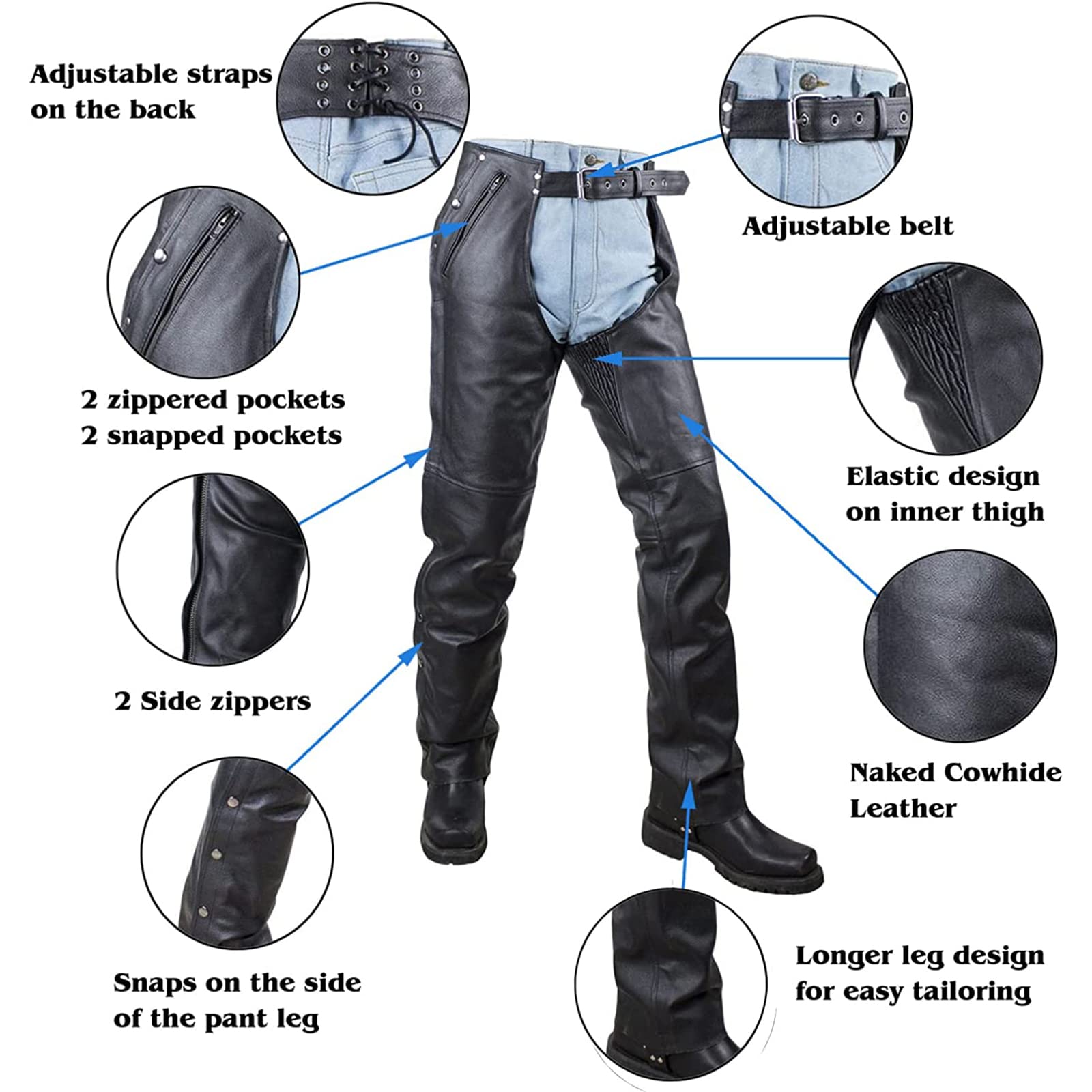 GARGOYLE BELLS Premium Motorrad Leder Chaps Herren Damen Echtleder Reißverschluss Cowboy Motorrad Chaps