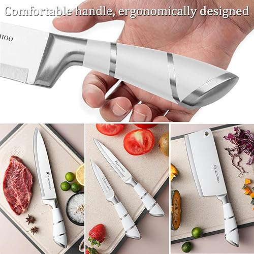 Miniatura 5 de Juego de cuchillos de cocina, Retrosohoo 9 piezas de cuchillos de chef blancos afilados con revestimiento antiadherente sin residuos, juego de
