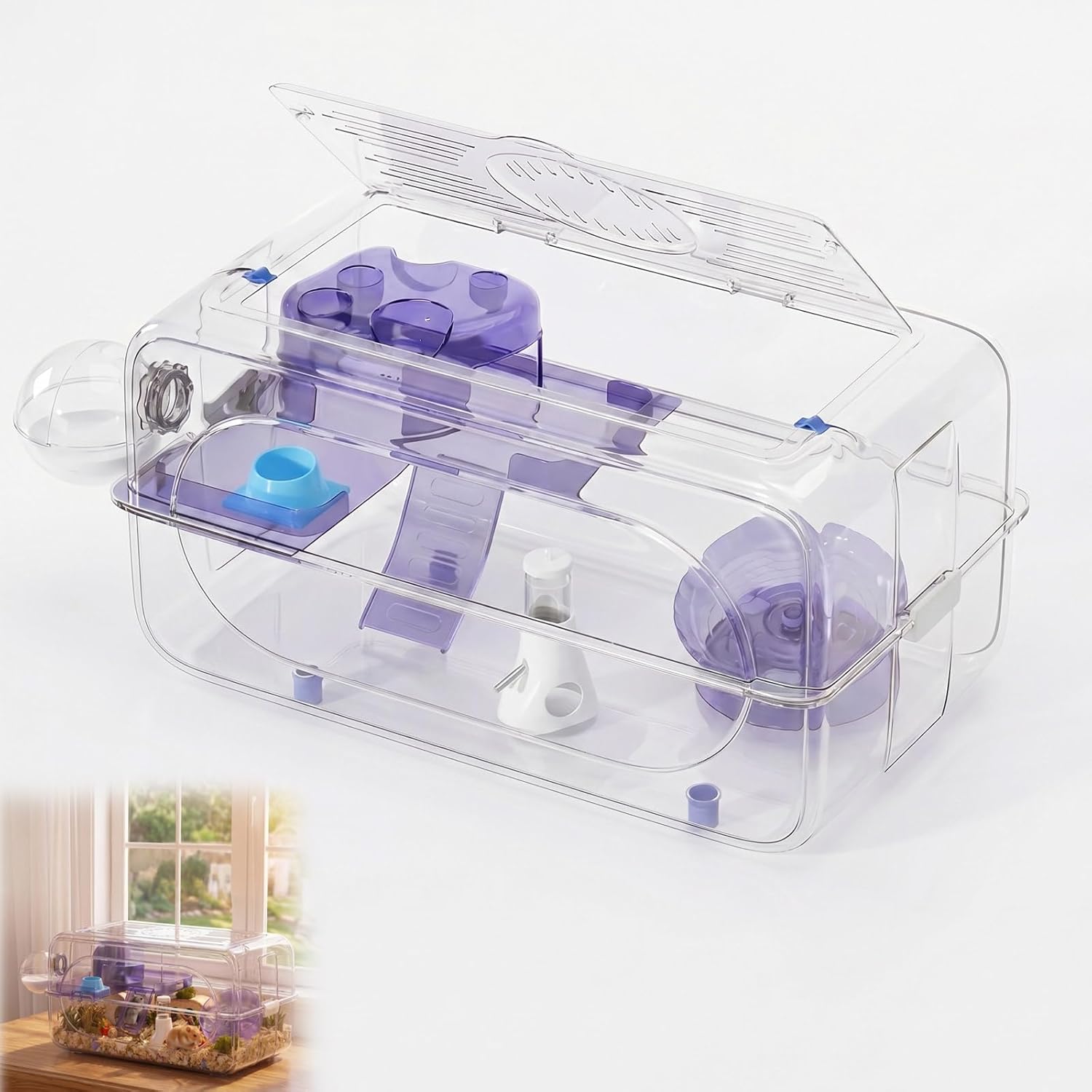 Large Hamster Cage 24" L×14" H - 360° Clear TV Shaped Pet Enclosure with 12-in-1 Starter Kit, 2-Tier Acrylic Habitat with Deep Burrowing Base, Silent Wheel for Syrian, Dwarf Hamsters & Gerbil Cage