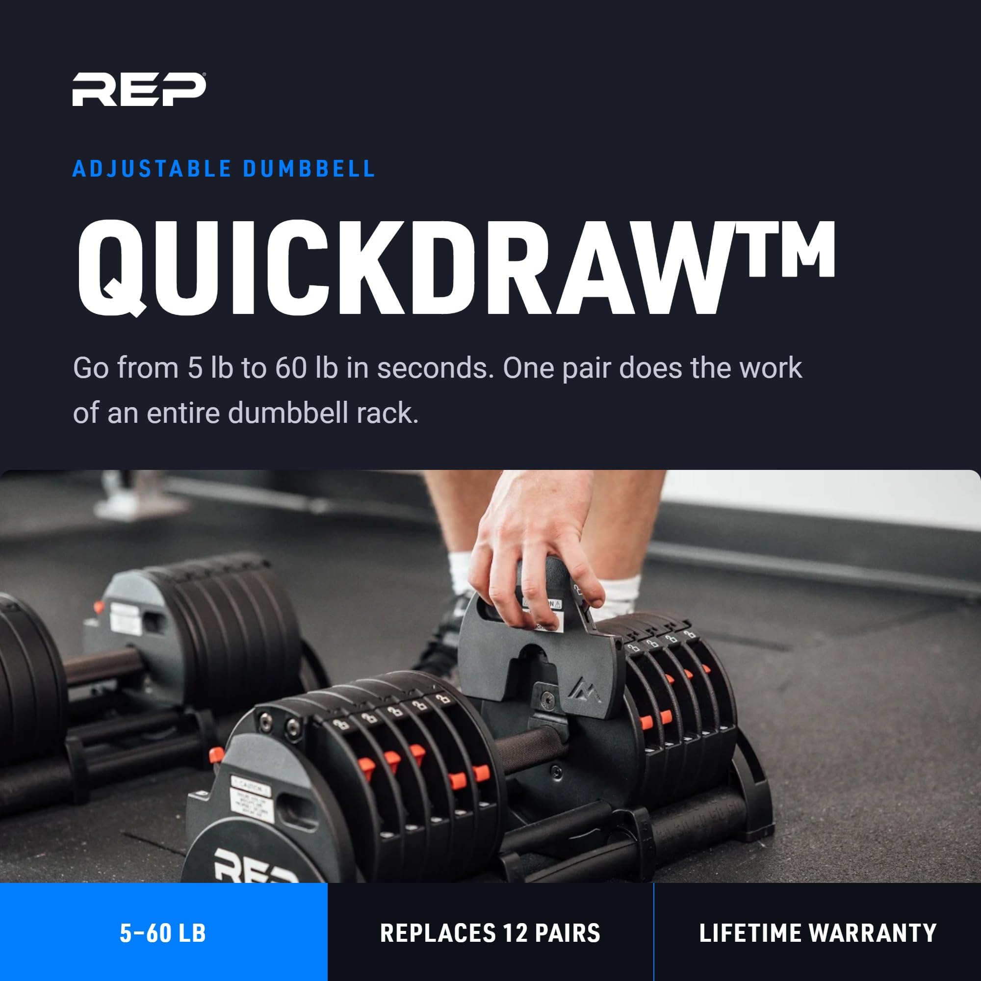 QuickDraw Adjustable Dumbbell Set, Pair, 30/40/50/60 lb Each, Steel Plates, Knurled Handle, Lock-N-Load Switch, Space-Saving Compact Free Weights, Strength Training, Home Gym, Men & Women