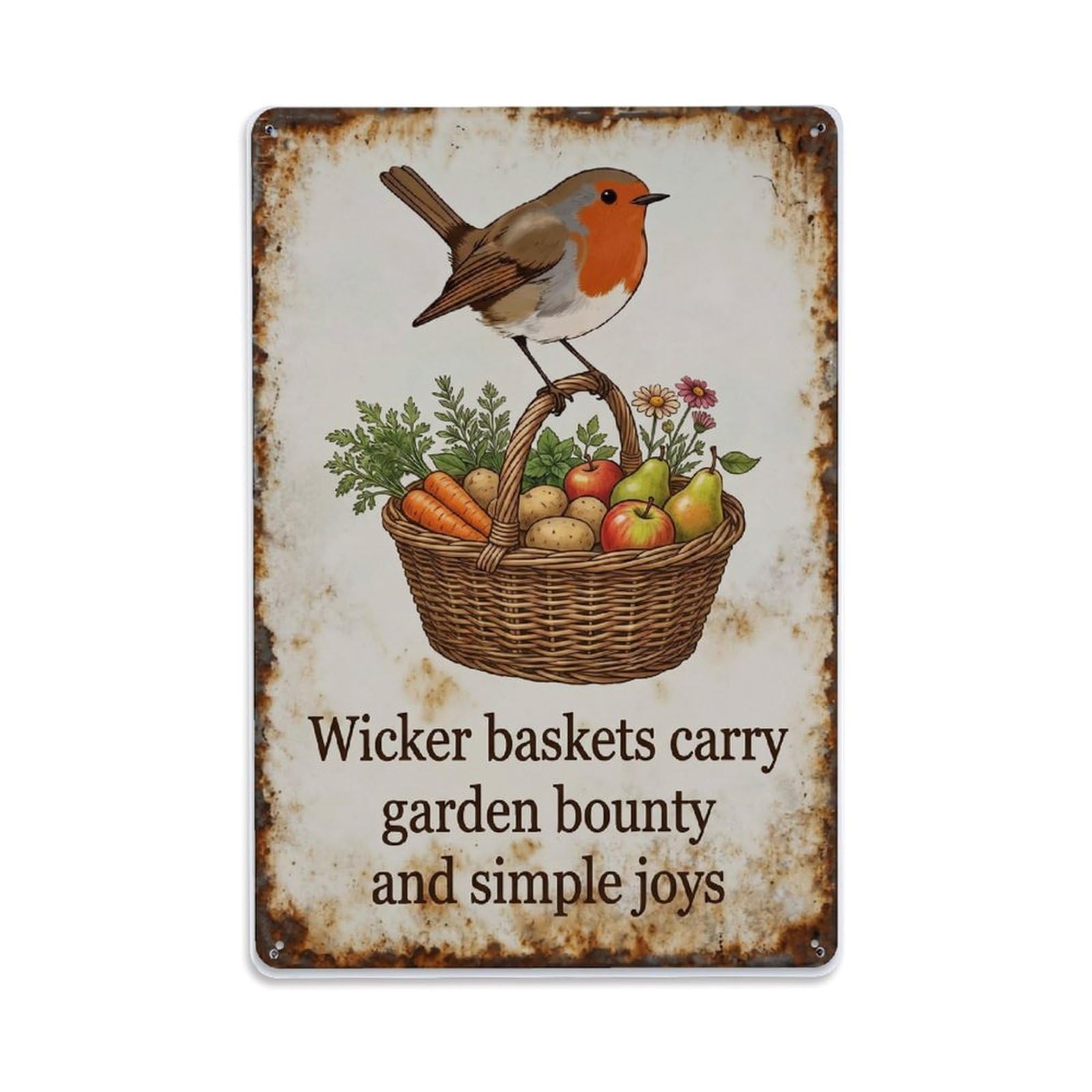 Fqnyr Style Robin Bird Garden Quote Wicker Basket Metal Tin Sign Plaque Wall Decor For Cafe, Club Bar, Office, Home Garden Metal Poster 8X12inch